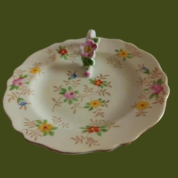 Vtg floral tray trinket dish with handle - Picture 1 of 5